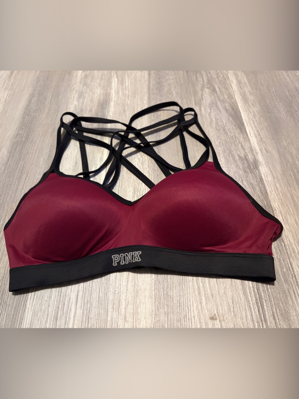 PINK Victoria's Secret Burgundy and Black Strappy Light Support Bra